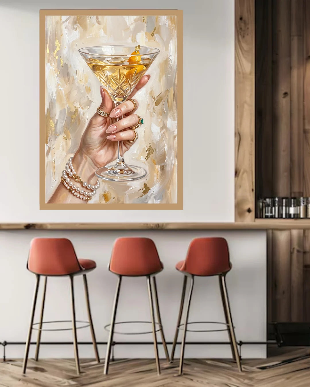 Luxury golden cocktail wall art featuring a martini glass held by an elegant hand adorned with pearl bracelets and gold jewelry, perfect for sophisticated home decor.