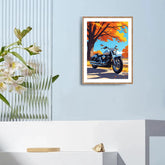 Retro motorcycle wall art canvas painting with autumn tree
