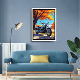 Vintage motorcycle autumn landscape canvas wall art
