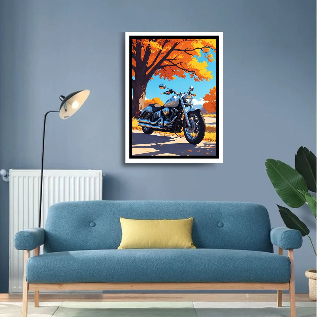 Vintage motorcycle autumn landscape canvas wall art
