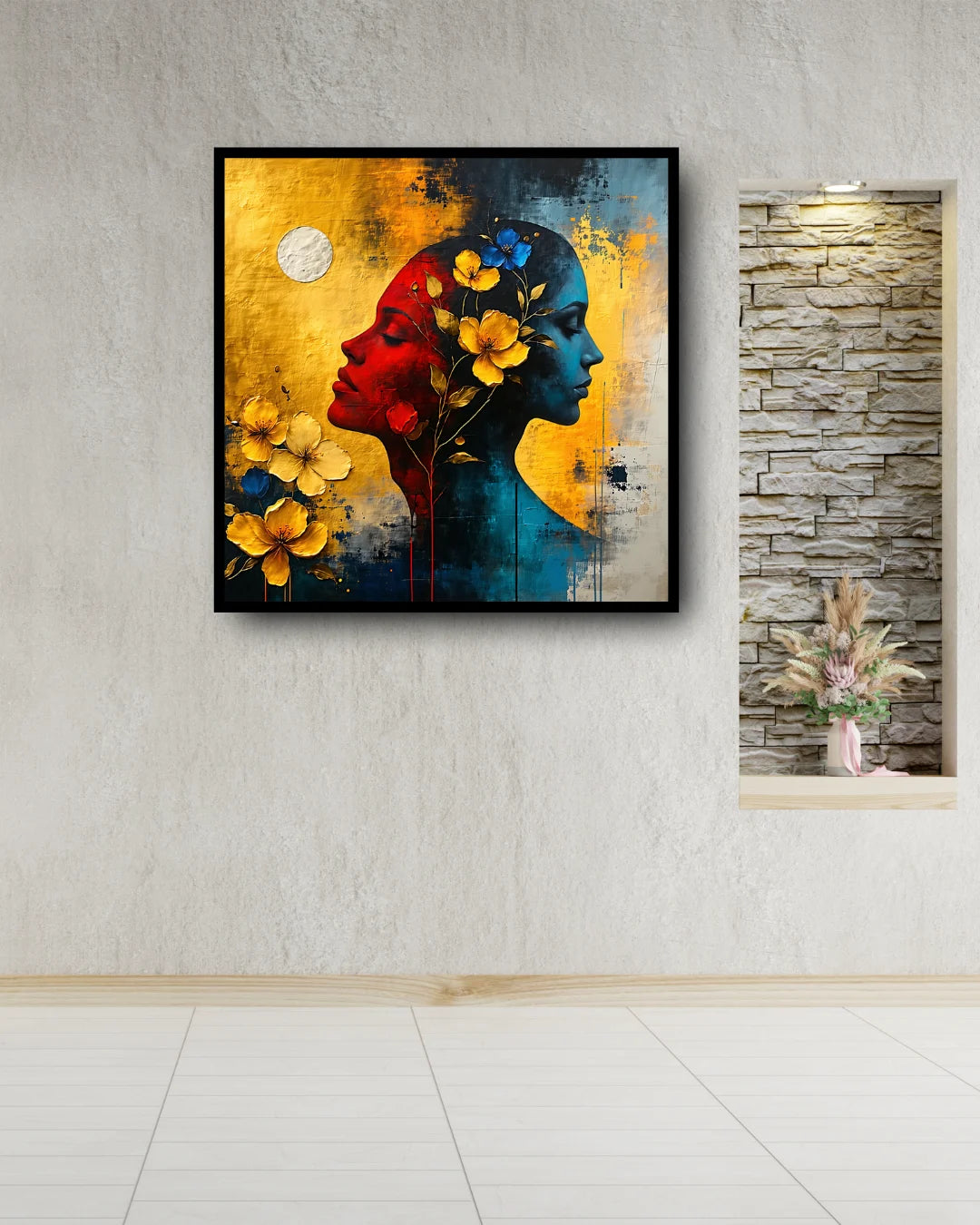 Abstract female face wall painting in modern minimal interior
