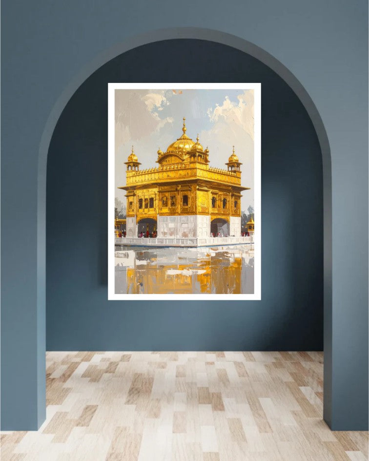 A framed art print of the Golden Temple in Amritsar, displayed on a dark blue-gray wall inside a simulated arched doorway with light wood flooring.
