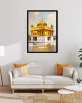 A framed art print of the Golden Temple in Amritsar, displayed on a light gray wall above a modern white sofa with orange and gray pillows in a styled living room setting.