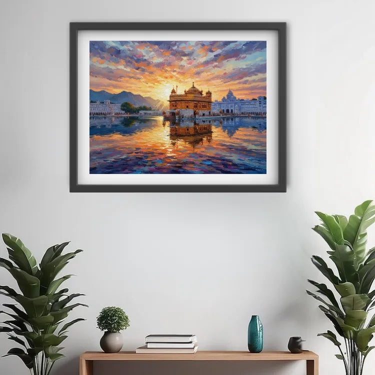 A framed art print depicting the Golden Temple in Amritsar at sunset, hung on a white wall above a wooden console table with plants and decorative vases.