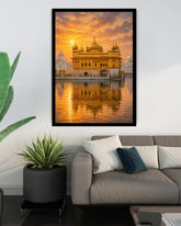 Golden Temple wall art canvas painting displayed above a modern living room sofa.