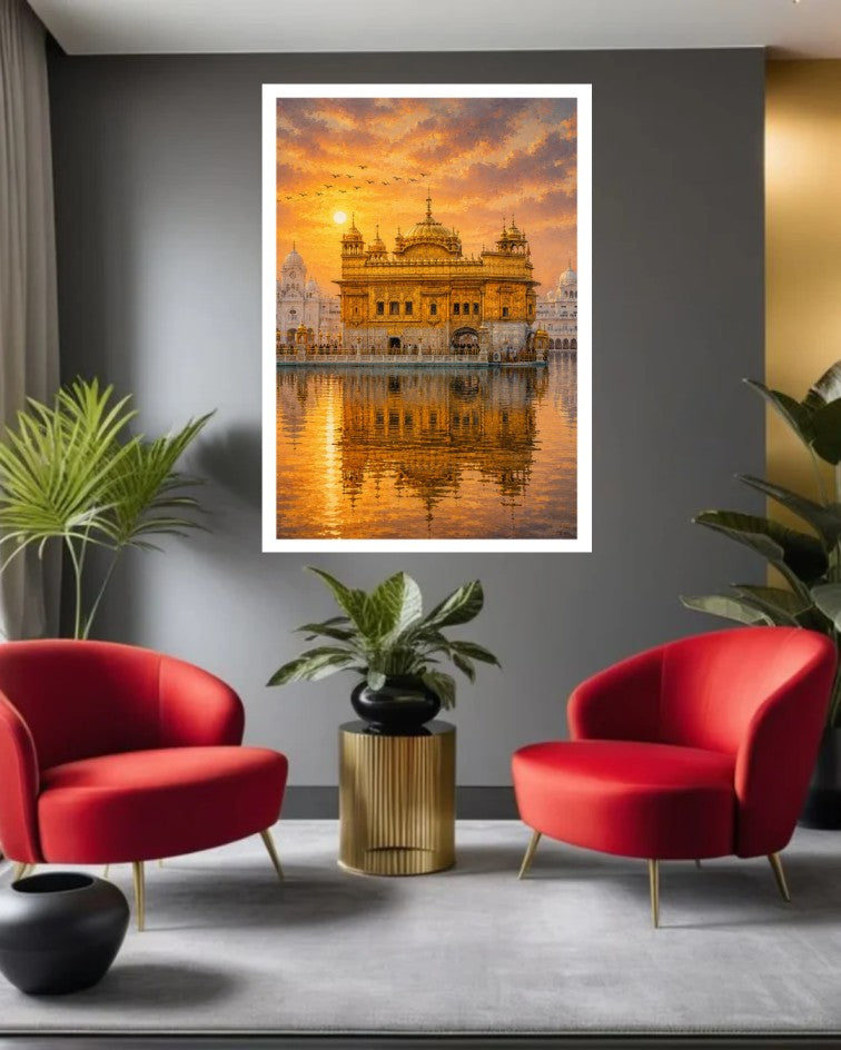 A framed wall art print depicting the Golden Temple in Amritsar at sunset, displayed on a dark gray wall in a modern living room setting with two red armchairs and green plants.