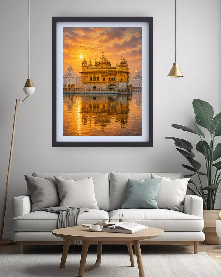 A framed art print of the Golden Temple in Amritsar, featuring a warm sunset reflection on water, displayed on a light gray wall above a modern white sofa in a styled living room.