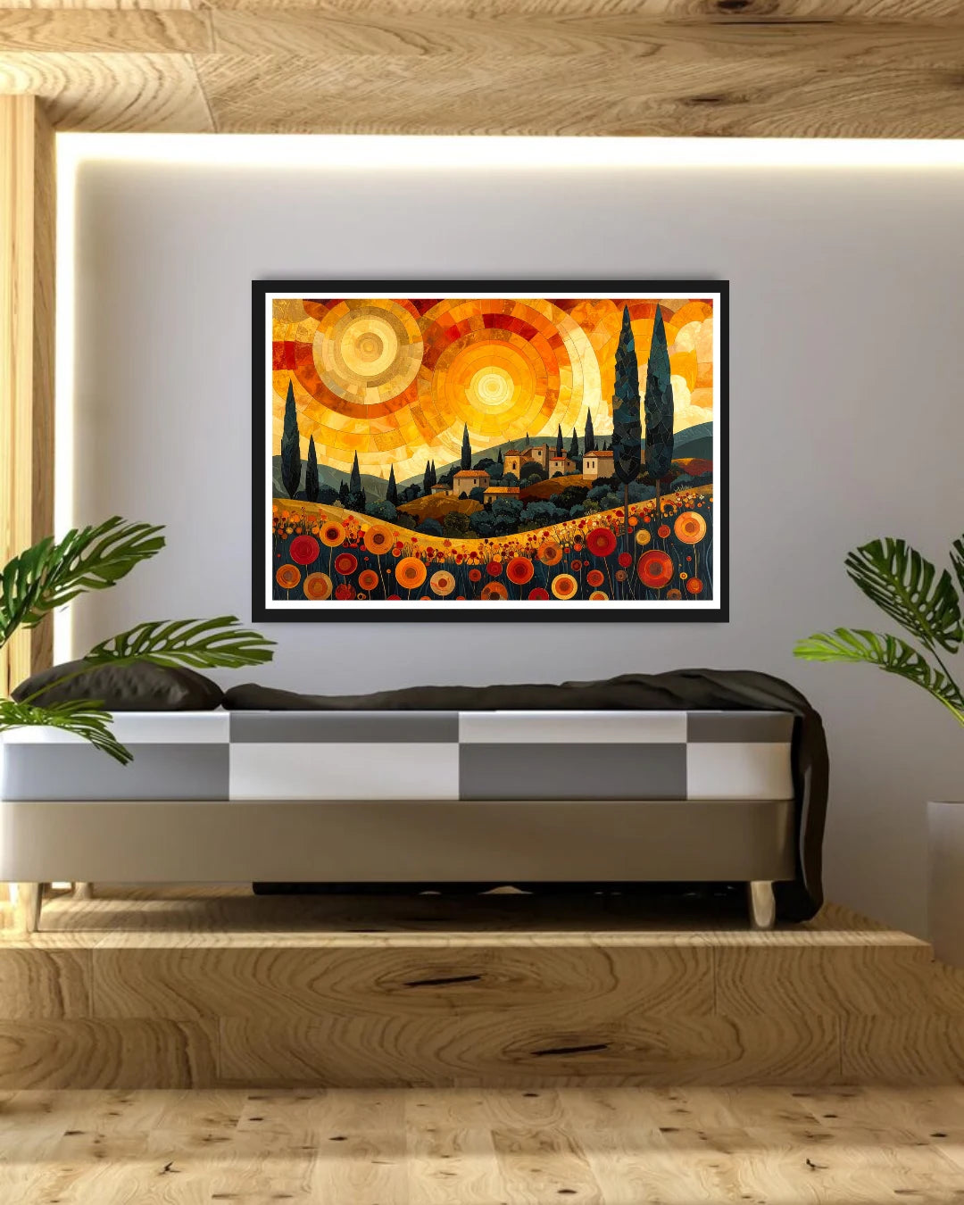 Golden city sunset modern wall art canvas painting for living room decor