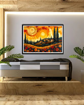 Golden city sunset modern wall art canvas painting for living room decor