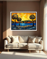 Golden horizon landscape modern wall art canvas painting for living room decor