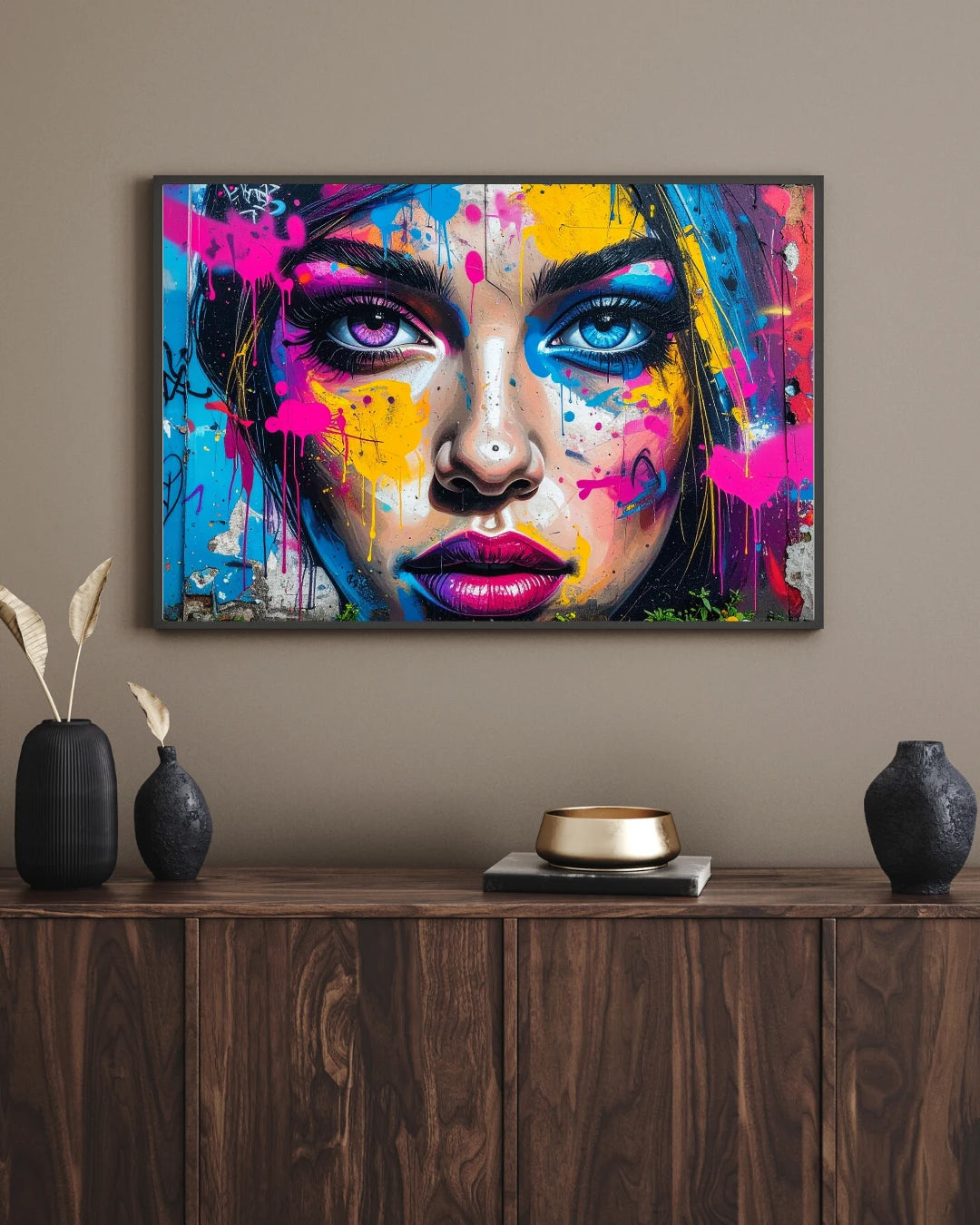Modern abstract portrait wall art with colorful expression design
