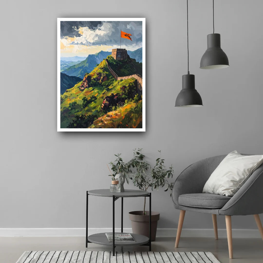 Living room with a painting of the Great Wall of China on the wall, a gray armchair, and a small round table.