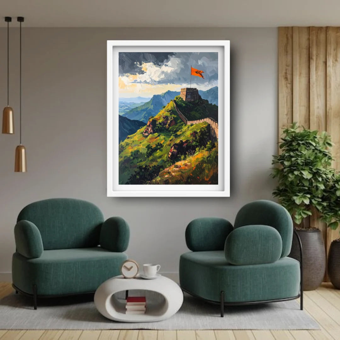 Modern living room with green armchairs, a small table, and a painting of the Great Wall of China on the wall.