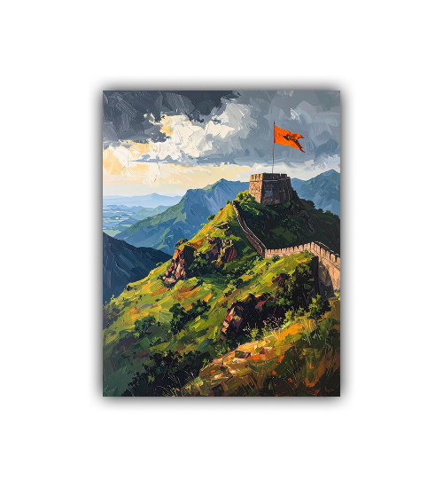 Painting of a mountainous landscape with a flag on top