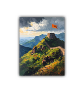 Painting of a mountainous landscape with a flag on top