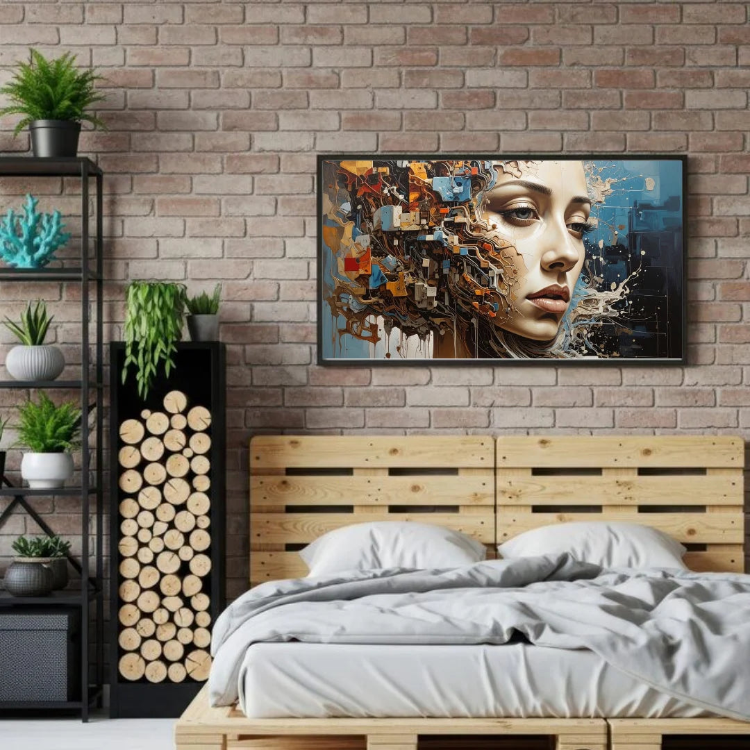 Modern bedroom with a wooden bed, decorative wall art, and plants against a brick wall.