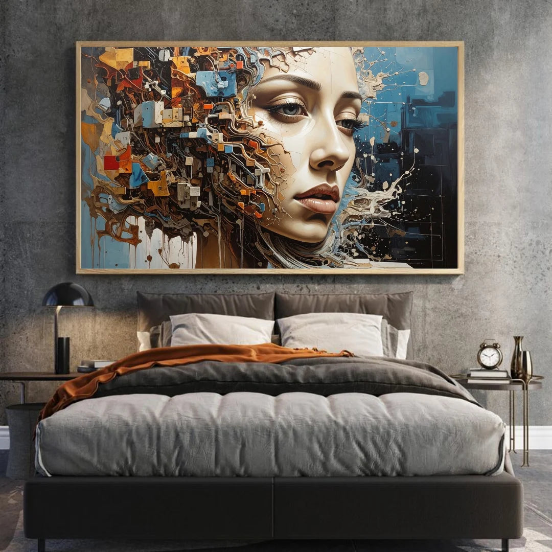 Abstract art piece on a wall above a bed in a bedroom setting