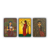 Three colorful paintings of women in traditional attire on a white background