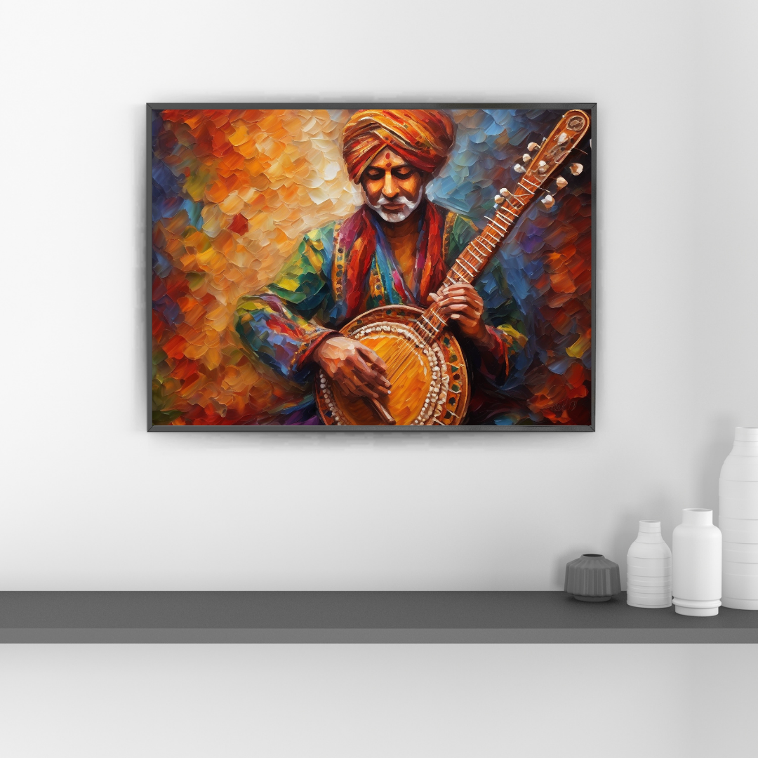Indian musician wall art painting in colorful folk art style