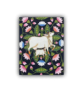 Canvas print with a cow and calf design surrounded by flowers on a dark background
