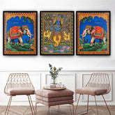 Decorative wall art featuring elephants and a deity in a living room setting.