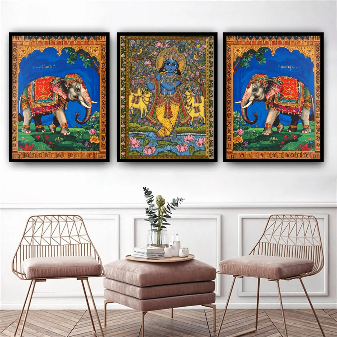 Decorative wall art featuring elephants and a deity in a living room setting.