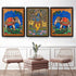 Decorative wall art featuring elephants and a deity in a living room setting.