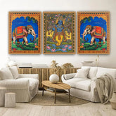 Living room with decorative wall art featuring elephants and a deity.