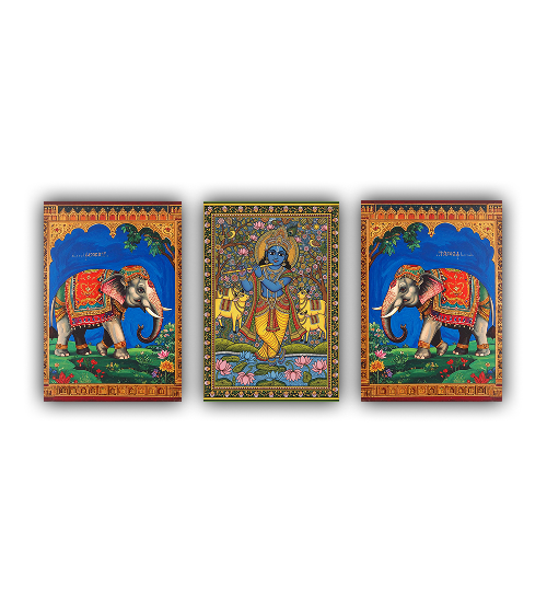 Three colorful wall art pieces featuring elephants and a deity on a white background