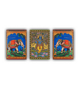 Three colorful wall art pieces featuring elephants and a deity on a white background