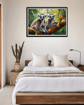 Framed artwork of two lemurs on a branch above a bed in a bedroom.