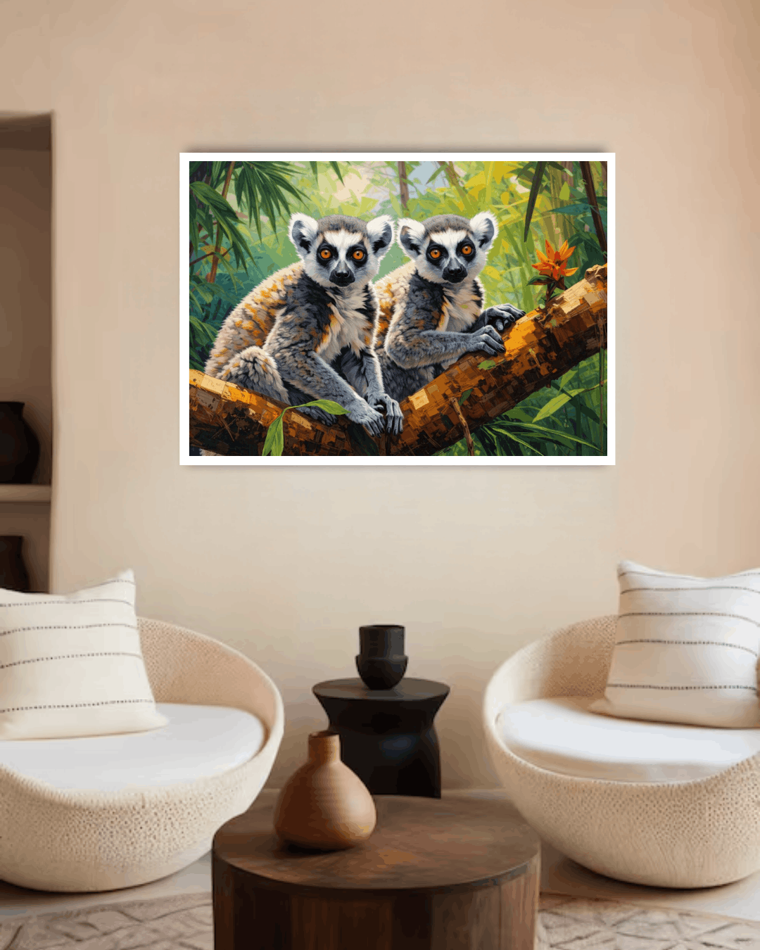 Framed artwork of two lemurs on a branch in a jungle setting, displayed in a living room.