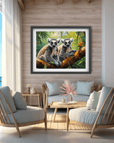 Framed artwork of two lemurs on a branch in a modern living room.