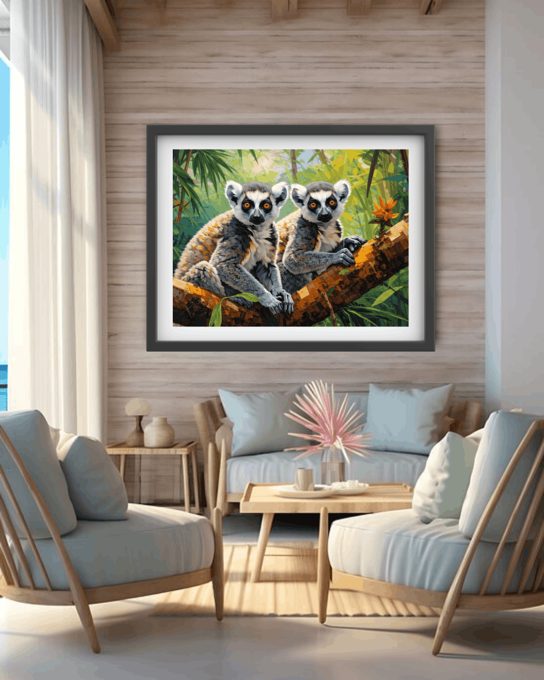 Framed artwork of two lemurs on a branch in a modern living room.