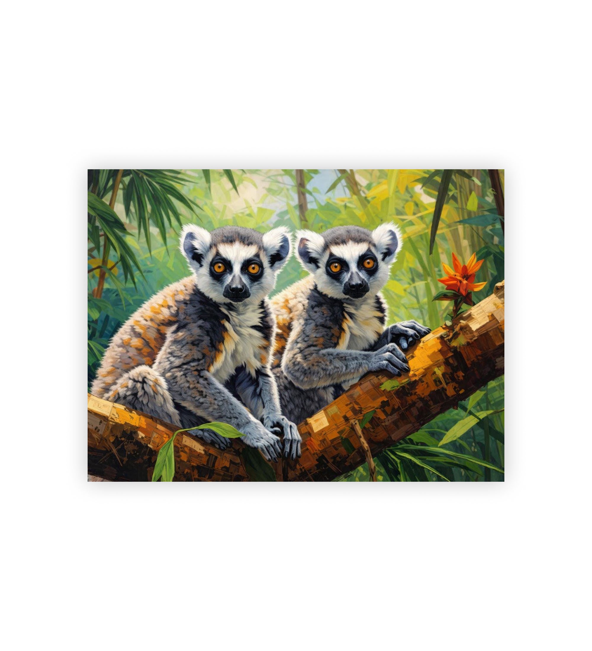 Two lemurs sitting on a branch with a jungle background