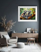 Living room with a painting of two lemurs on a branch above a wooden cabinet.