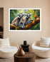 Two lemurs on a branch in a forest setting, framed and hanging on a wall above a living room.