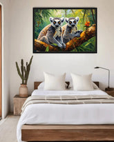 Framed artwork of two lemurs on a branch above a bed in a bedroom.