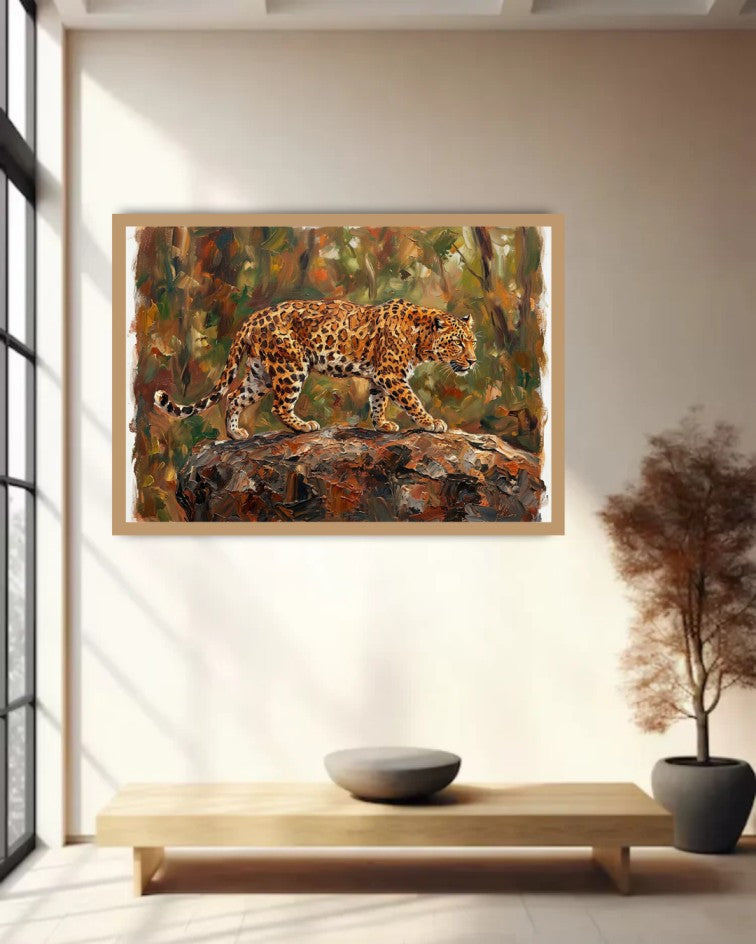Framed cheetah wildlife canvas painting displayed in a modern minimalist living room with natural sunlight