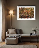 Cheetah wildlife canvas painting mounted above a bed in a cozy modern bedroom.