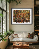 Cheetah wildlife canvas painting mounted above a bed in a cozy modern bedroom.