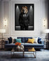 Living room with a blue sofa, decorative pillows, and a framed picture of a lion in a suit.