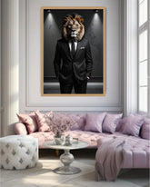 Framed artwork of a lion in a suit on a wall above a pink sofa.