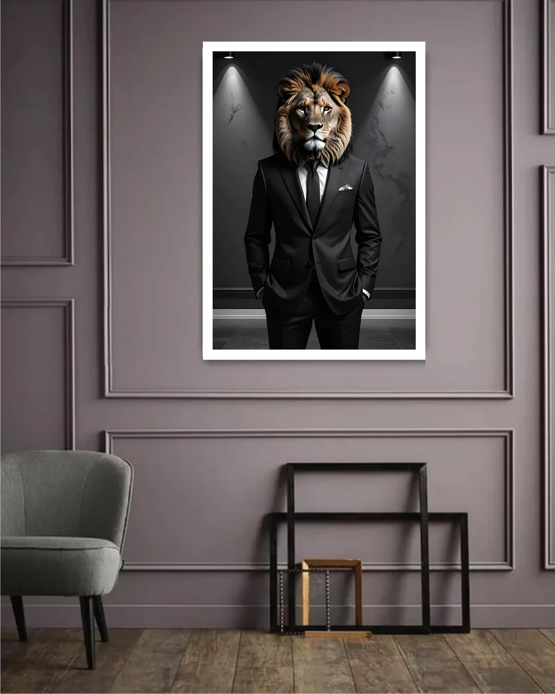 Framed artwork of a lion in a suit on a wall above a chair.