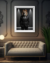 Framed artwork of a person in a suit with a lion&