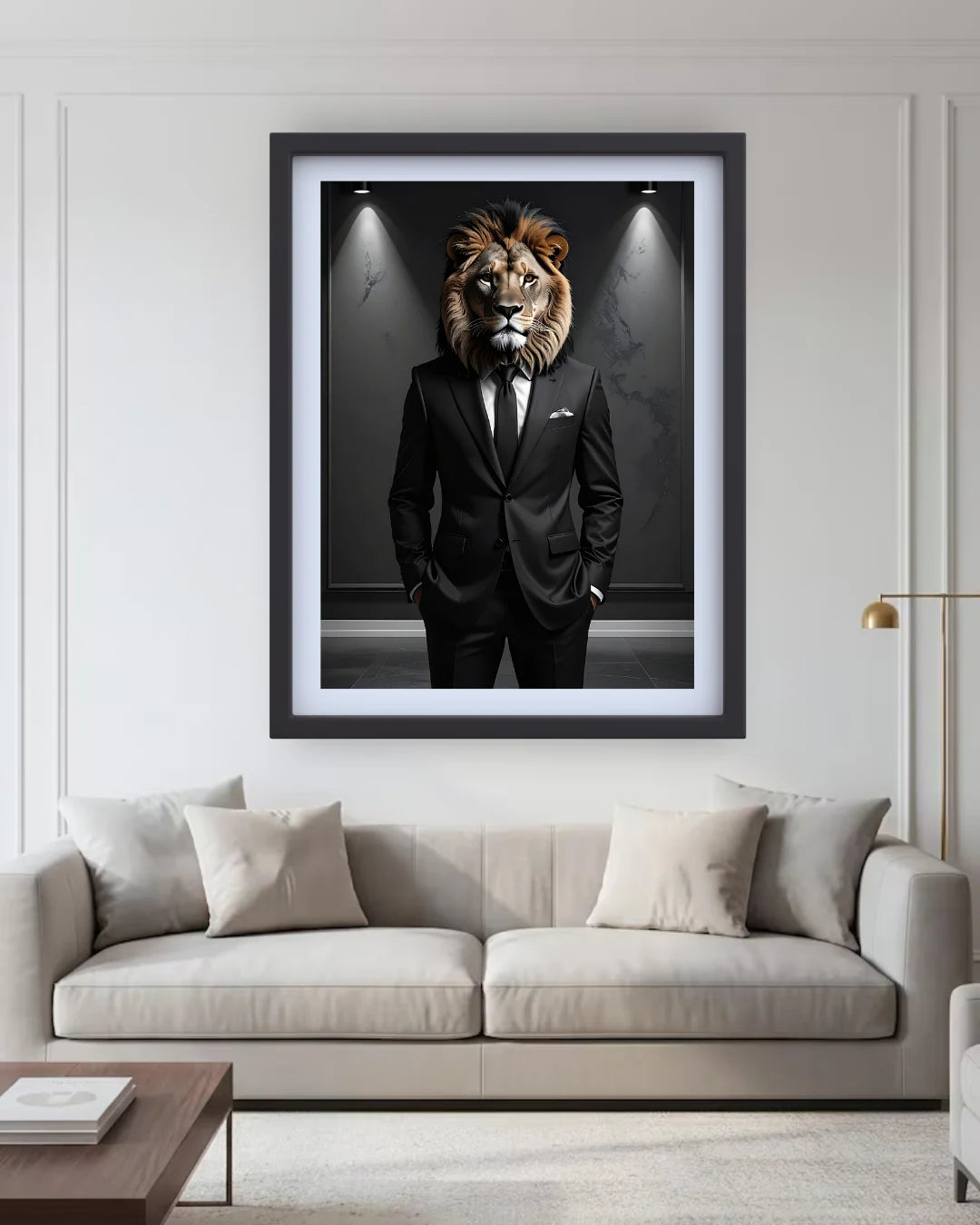 Framed artwork of a lion in a suit on a wall above a sofa.