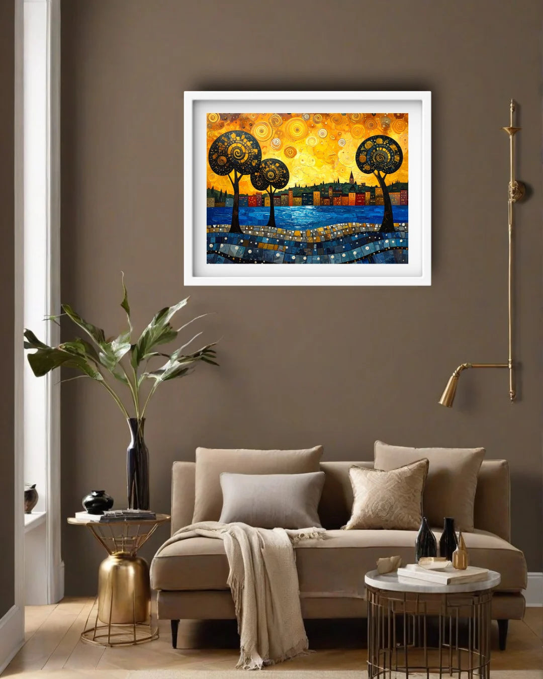 Living room with a beige sofa, decorative pillows, and a colorful abstract painting on the wall.