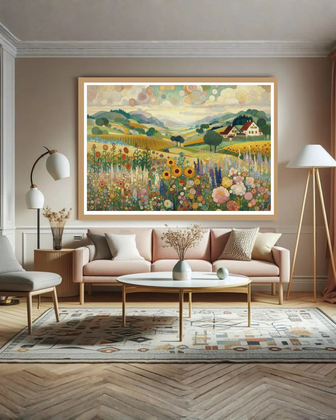 Living room with a large landscape painting on the wall, sofa, and coffee table.