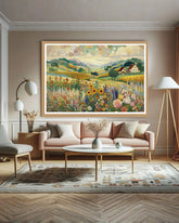 Living room with a large landscape painting on the wall, sofa, and coffee table.