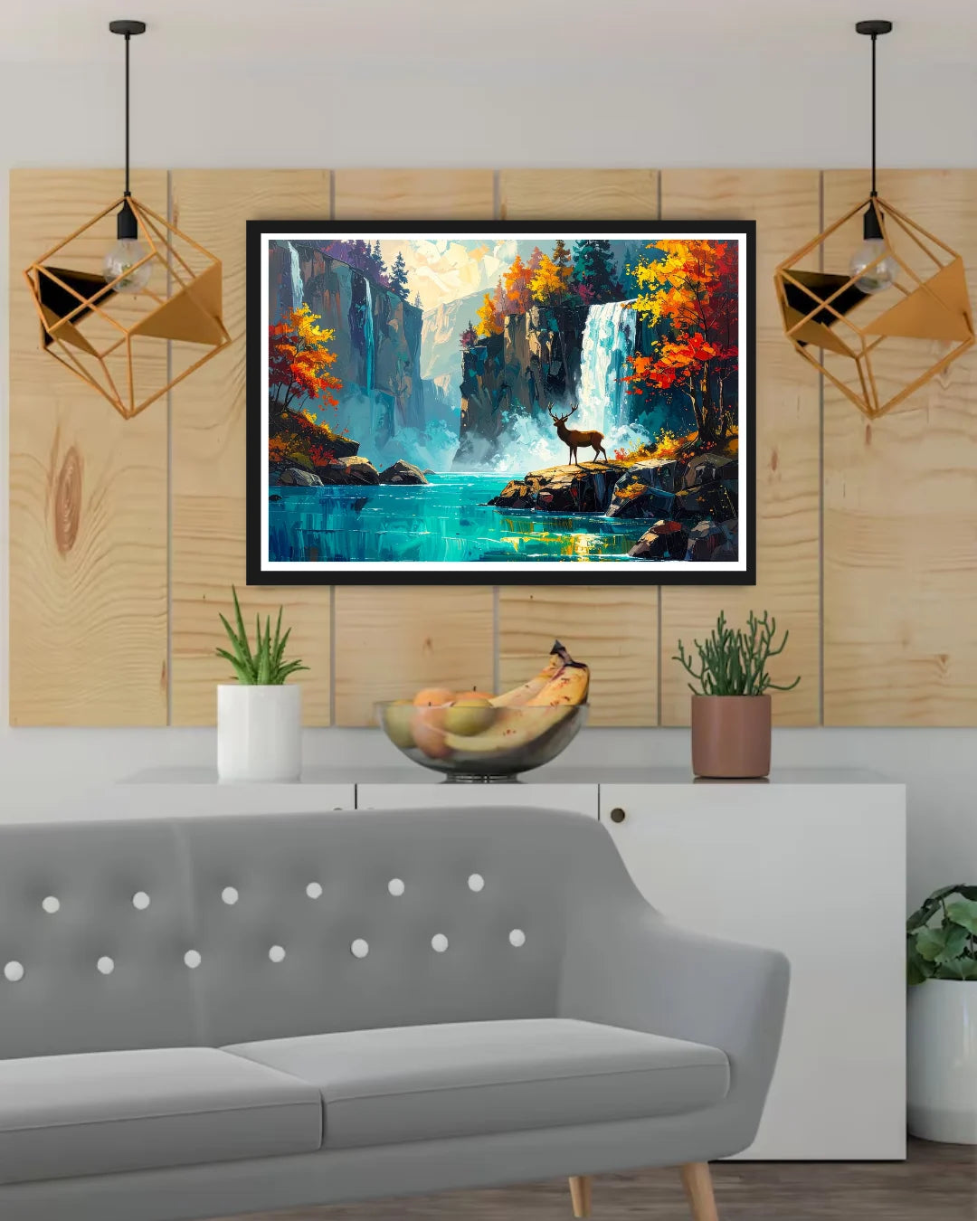 Living room with a painting of a mountain landscape on the wall, featuring a deer and a waterfall.